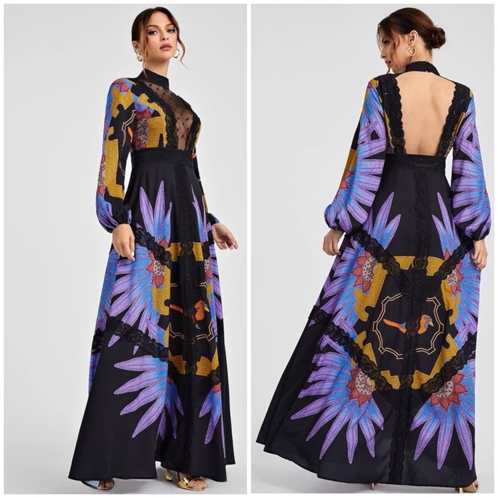 Mock Neck Botanical Print Pleated Dress